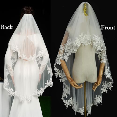 ELAWBTY 2 Tier Fingertip Length Lace Wedding Bridal Veil with Comb for Bride Off-White