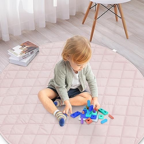 Krabbeldecke für Baby, Spieldecke Baby 140 cm Rund Gesteppte Matte, Dicke 1,5 cm Baumwolle Spielmatte Kinder Baby Weiche Krabbelmatte zum Krabbeln und Spielen-Rosa