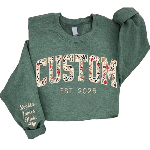 NAZENTI Personalized Embroidered Sweatshirt Floral Applique Custom Embroidery Mama Mom Grandma Auntie Besties Sweatshirts Custom Name or Text on Sleeve Shirt Christmas for Women