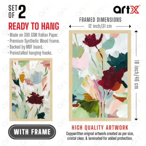 Image of ArtX Abstract Floral Paintings for Living Room, Wall Art Frames for Home Decor, Modern Flower Wall Painting for Bedroom, Office & Interior Decoration, 12x18 Inch, Set of 2