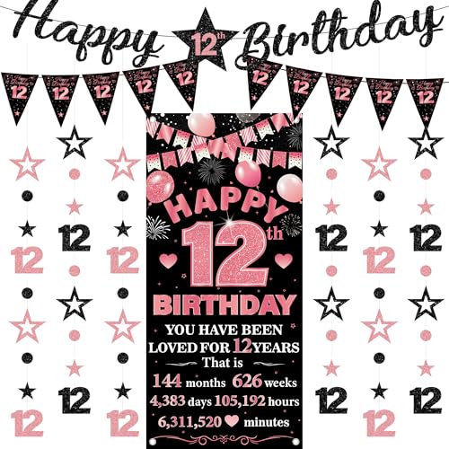 12th Birthday Decorations Banner Girls - 9 Pcs Black Rose Gold Bannes Backdrop Number Star Dot Glitter Hanging Garlands Kit for Girl Happy 12 Years Old Birthday Party Decor Supplies
