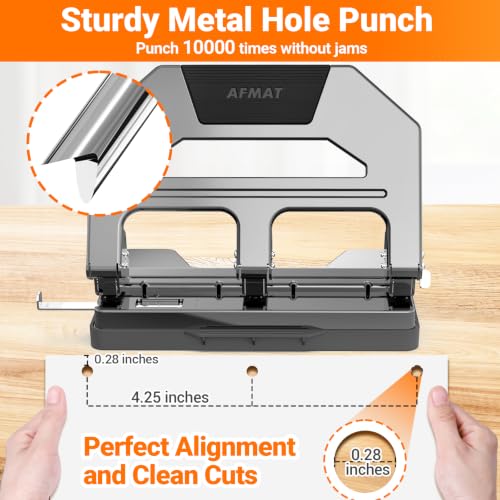 Image of AFMAT Heavy Duty 3 Hole Puncher, 50-Sheet Paper Punch Heavy Duty, 50% Reduced Effort Three Hole Punch, 10K+ Uses, Metal Hole Puncher 3 Ring w /Large Tray, Bulit-in S.S. Paper Guide HPX4(Gray)