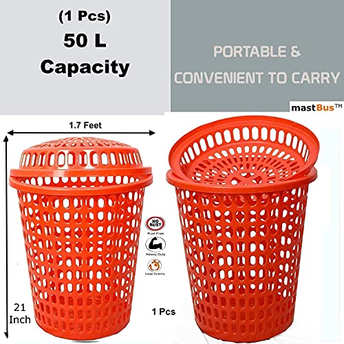 Image of Durable and Unbreakable Laundry Basket with Lid, Cap (50 L, Green and Red) - 2 Pieces