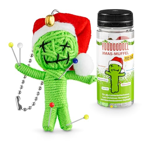 Voodoo Puppe Weihnachten Weihnachtsmuffel Anti Stress Geschenk zu Nikolaus Xmas Geschenk für Kollegen Adventskalender Füllung Voodoo Puppe mit Weihnachtsmütze Glöckchen 5 Nadeln in der Sammeldose