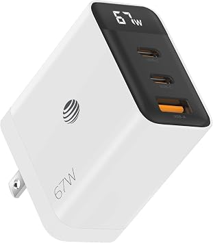 AT&T Essentials Multi Port 67W GaN Wall Charger with LED Display 2 USBC + 1 USBA - White