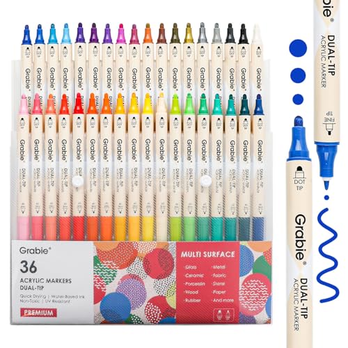 Grabie 36 Dual Tip Acrylic Paint Markers, Acrylic Paint Pens, Fabric Markers for Fabric, Canvas, Rock, Glass, Wood, Paper, DIY, Canvas DIY Art Supplies Kit, Set of 36