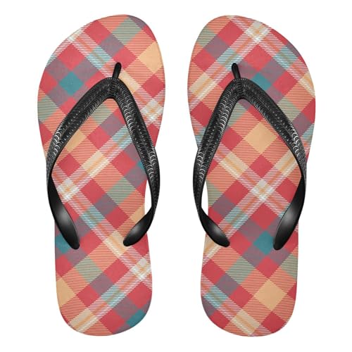 Sinestour Red Beige Plaid Flip Flops for Beach Thong Sandals Anti-slip Lightweight Flat Slippers for Summer Travel Swim