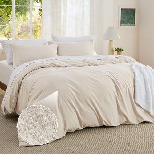 Image of Bedsure Textured Duvet Cover Queen Size - Cotton-Like Polyester Jacquard Duvet Cover Set for All Seasons - 3 Pieces Elevated Textured Dobby Soft Bedding Set, NO Comforter (Beige, Queen, 90 inchx 90 inch)