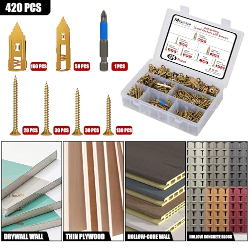 Image of 420 Pcs Self Drilling Drywall Anchors with Screws Kit, 2 Sizes Drywall Anchors and 4 Sizes Zinc Plated Screws, Holds Up to 100lbs, No Pre-Drill Needed, for TV, Shelf Straps, Picture Frames