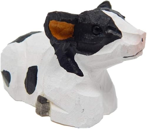 Miniatura 2 de Figura de vaca manchada tallada a mano, figura de vaca manchada, diseño de granero en miniatura de madera de animales pequeños, decoración de rancho