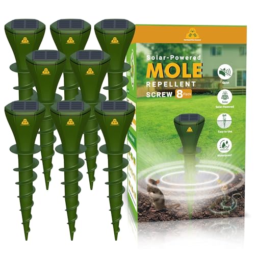 8 Pack Mole Repellent Screw Solar Powered Gopher Deterrent Stake for Outdoor Lawns with Electic Vibration, Repels Snake Vole Groundhog Armadillo from Yard and Garden