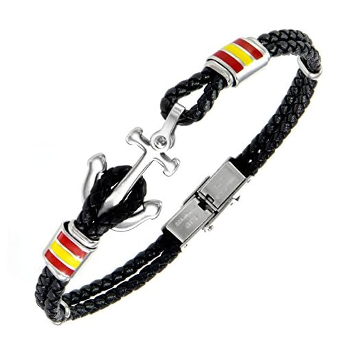 TEMPUS FUGIT. Pulsera con Bandera de España y Ancla de Piel y Acero Inoxidable Antialérgico