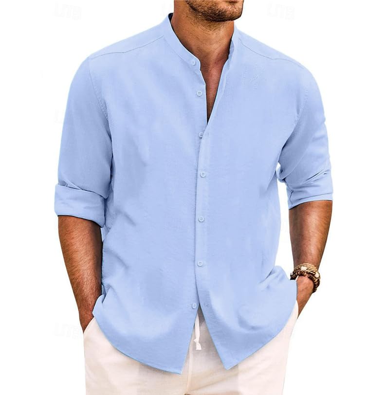 Yageshark Hemd Herren Leinenhemd Langarm Sommerhemd Button Down Stehkragen Hemden Freizeithemd Casual Regular Fit Strandhemd Leinen Shirt(Hellblau,L)