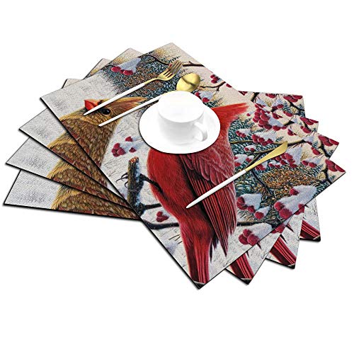 Cardinal Bird Placemats Set Of 4, Winter Cardinal Birds With Snow Red Brown Placemats Heat Resistant For Dining Table Non-Slip 18X12 Inches #TOP1