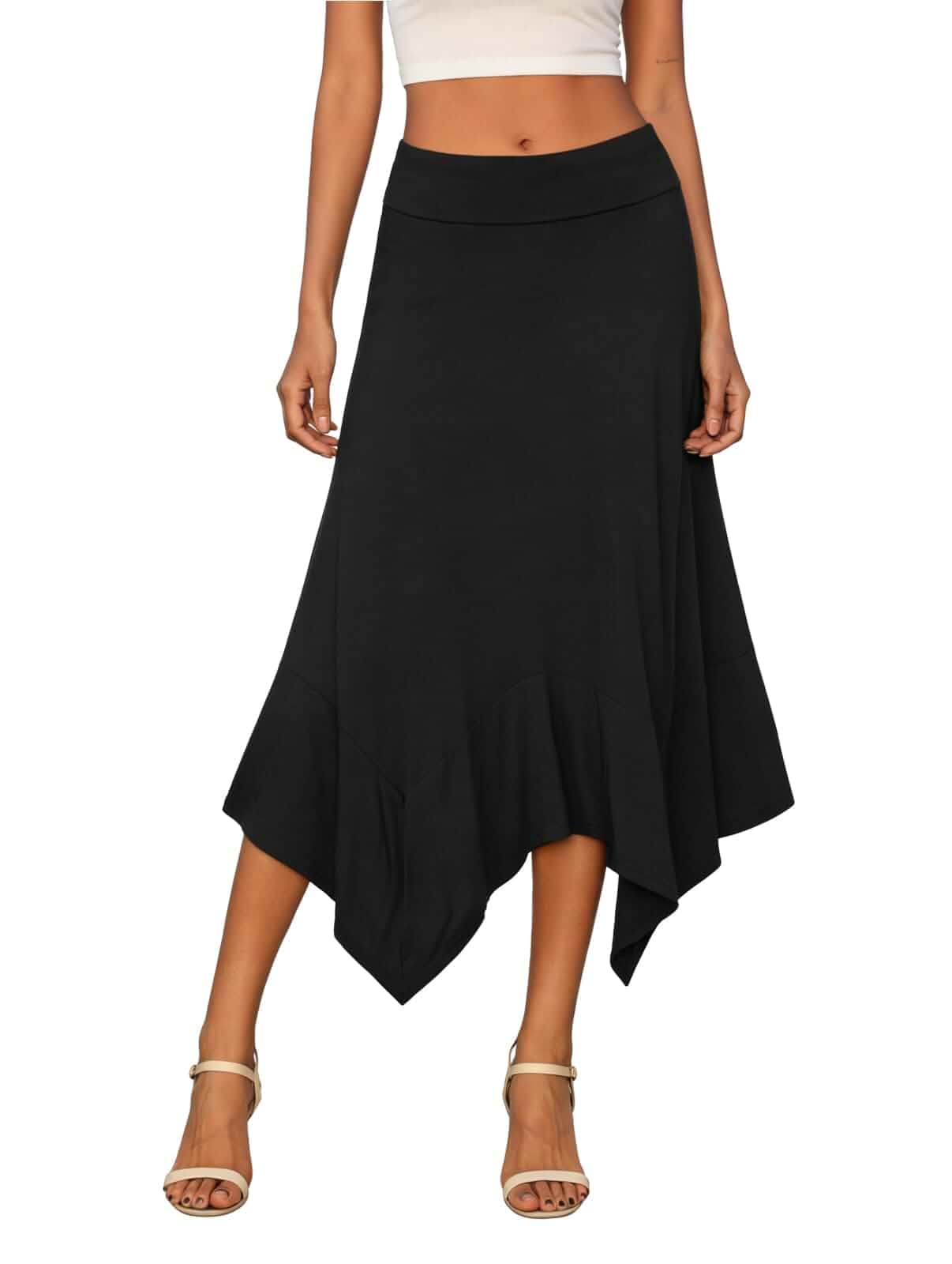 DJT Women's Soft High Waisted Asymmetrical A Line Midi Skirt Elegant Flowy,Elastic Flat Waistband,Below The Knee,Handkerchief Hem,for Office, Party & Daily Wear