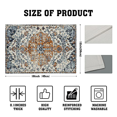 Image of Brown Navy Blue Ethnic Boho Placemats Set of 4 Bohemian Carpet Vintage Gold Black Tan Floral Linen Washable Kitchen Dining Table Mats Stain Heat-Resistant Desktop Place for Home Party 12x18 in