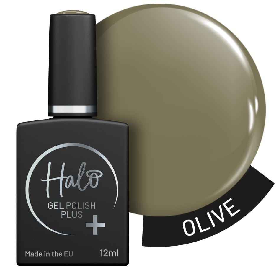 Halo Gel Polish Plus 12ml - Olive. UV/LED Gel Nail Polish, Long Lasting & Easy To Apply. Nail Art Colours For Manicure & Pedicure. Hema Free Gel Polish For Professional & Home Use.