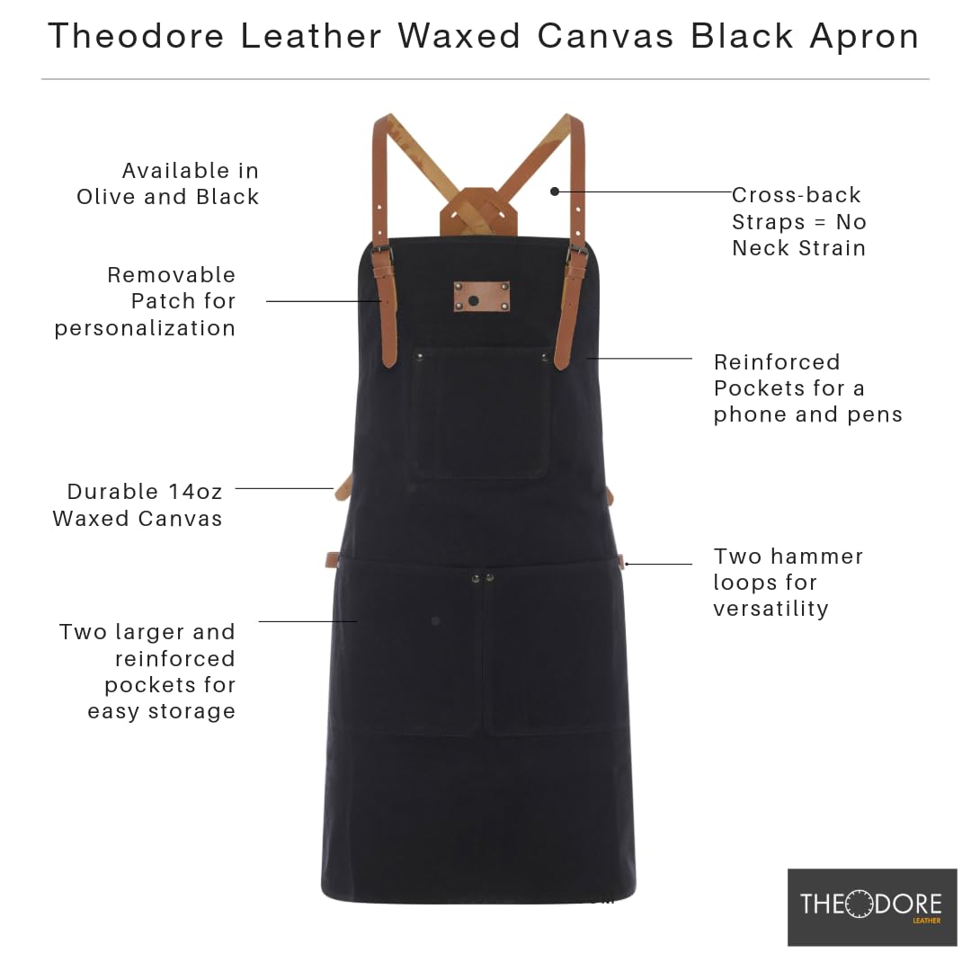 Theodore Grembiule da lavoro in tela cerata, nero con cinghie in pelle marrone, retro incrociato, tela resistente da 396,9 g, multiuso