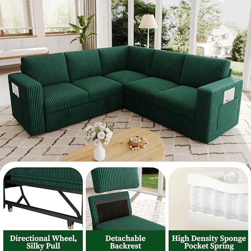 Image of 83.5 inch Corduroy Sectional Sleeper Sofa, Pull Out Couch with Storage, Green