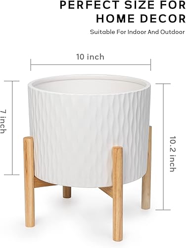 Miniatura 9 de LaDoVita Maceta de cerámica con soporte, maceta de 10 pulgadas con estante de madera, macetas redondas modernas para interiores con soporte para