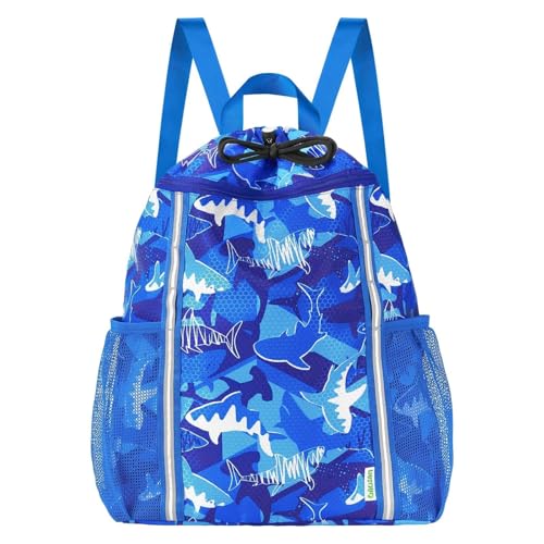 WAWSAM Turnbeutel Kinder junge, Hai Wasserdichter Sporttasche mit Innentasche Aussentasche, 2 Wasserflaschen-Netztaschen für Schule, Strand, Schwimmen und Reisen