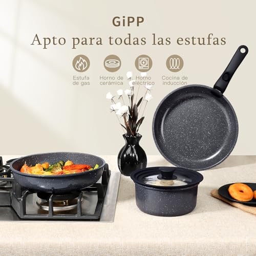 Miniatura 5 de GiPP Juego de Ollas y Sartenes 15 Piezas, Sartenes Induccion de Aluminio, Incluye Sartén de 24 cm y 30 cm, Cacerola de 3 L y 4 L, Wok de 28 cm, Tapa, Mango Extraible y Otros Accesorios