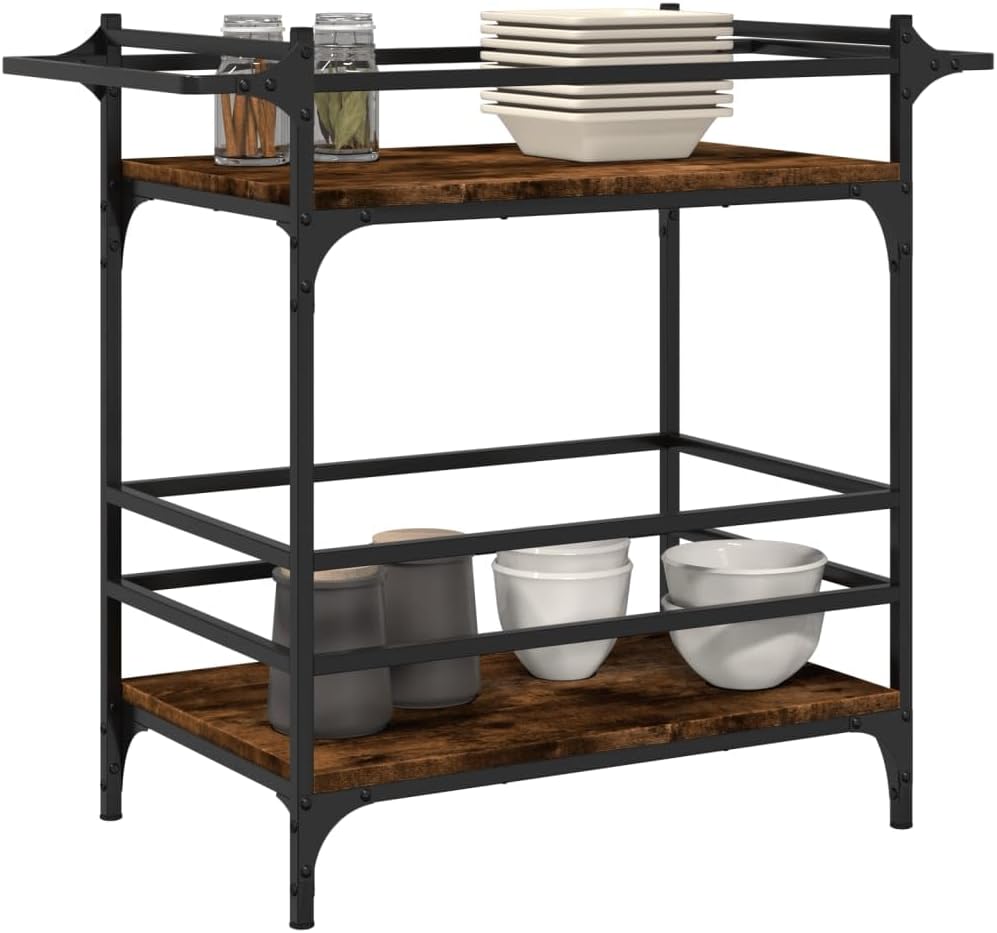 Kitchen Trolley Smoked Oak Engineered Wood 32.3"x15.7"x30.9" Rolling Kitchen Cart with Wheels Durable Serving Cart Kitchen Storage Cart Mobile Cart for Kitchen Utility and Dining Trolleys