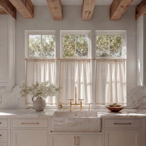 AIRLAKE Linen Blend Tier Curtains, 26 x 30 inches, Set of 2 Rod-Pocket Cream Short Café Curtains, Boho Farmhouse Rustic Style, Window Treatment Tier for Small Windows (Over Sink, RV)