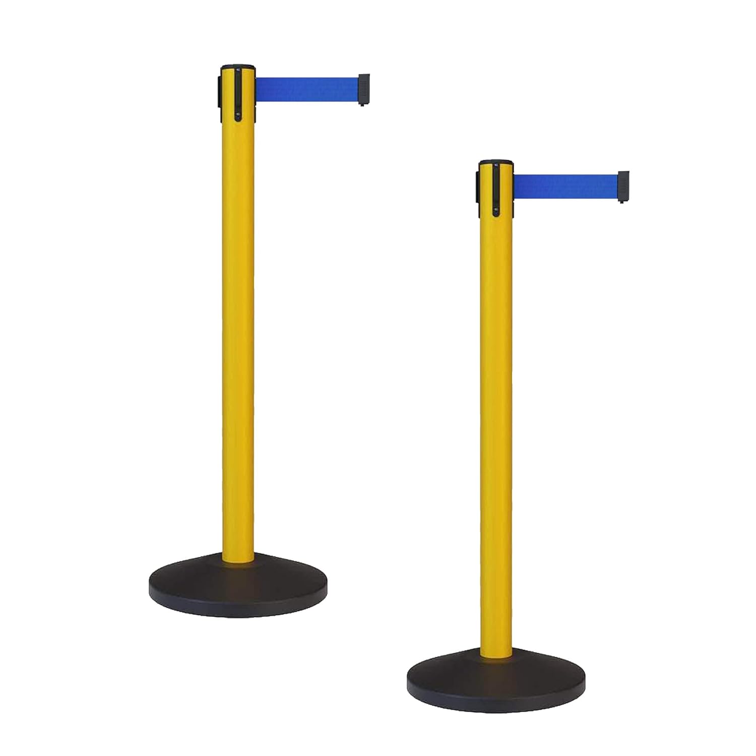 Crowd Control Warehouse - CCW Set of 2 Safety Retractable Belt Barrier Stanchion, Sloped Base, Yellow Post, RBB-100-11 ft Belt, Blue Belt