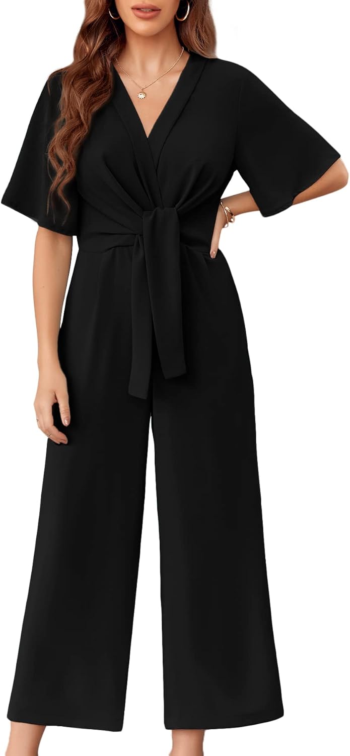 GAMISOTE Womens Wide Leg Jumpsuits Short Sleeve Tie Knot Front Summer Long Romper