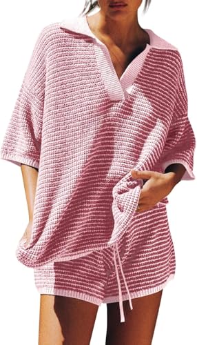 Image of Tankaneo Womens Sweater Set 2 Piece Outfits Oversized 3 /4 Sleeve V Neck Knit Tops High Waisted Shorts Lounge Sets