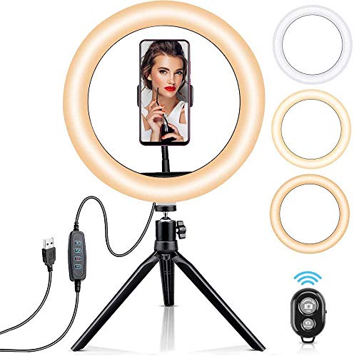 10.2 Selfie Ring Light with Adjustable Tripod Stand and Phone Holder,Dimmable Desk Makeup Ring Light with 3 Light Modes & 10 Brightness Level for YouTube,Video,Photography,Vlog,Live Streaming