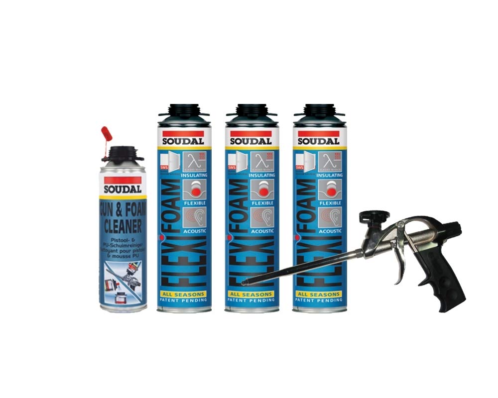 Soudal Flexifoam - Juego de 3 espumas para ventanas (500 ml, pistola de espuma profesional y limpiador de pistolas)