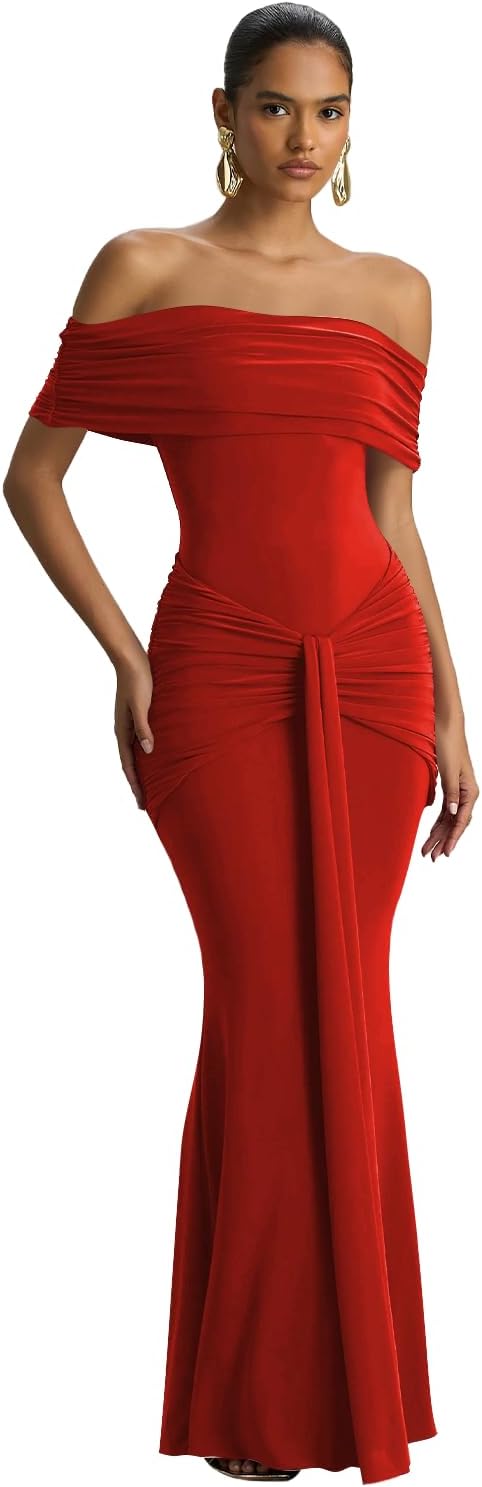 Silk off shoulder prom dresses long red pleated gown