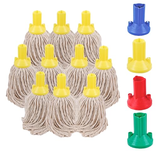 Mop Heads Replacement, Colour Coded Self Threading Socket Cotton Mop Head PY (Pack of 10) (Yellow)