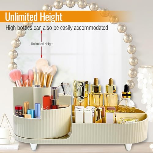 Image of COOFANDY New Rotating Makeup Organizer for Vanity with Brush Holder, Large Capacity Cosmetic Display Case, Countertop Makeup Perfume Skincare Organizer, Spinning Lotions Display Case (OFF-WHITE)