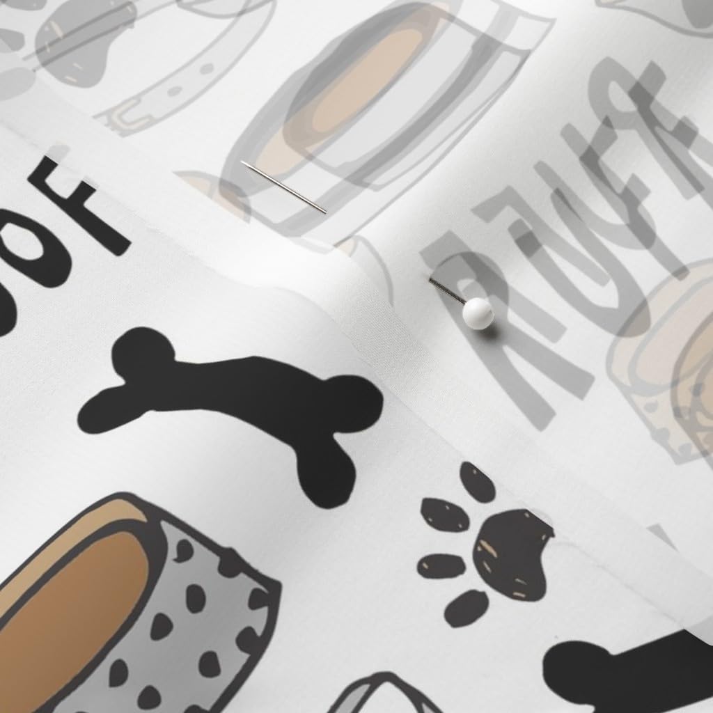 Spoonflower Fabric - Cute Dog White Bone Food Bowl Pet Illustration Dogs Puppy Paw Print Printed on Chiffon Fabric by The Yard - Sewing Fashion Apparel Dresses Home Decor