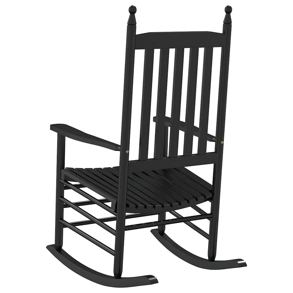 Chaise à Bascule en Bois de Peuplier Massif Noir, Fauteuil Rocking Chair Ergonomique avec Siège Incurvé et Dossier à Lattes pour Salon, Jardin ou Terrasse, Dimensions 62 x 83 x 115 cm