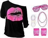 Aomig Kit de Déguisement des Années 80 pour Femmes, Accessoires 1980 Costume de Fête avecT shirt à imprimé lèvres, jupe tutu fluo, jambières, gants en résille, Disco Costume Vetement Fête Néon