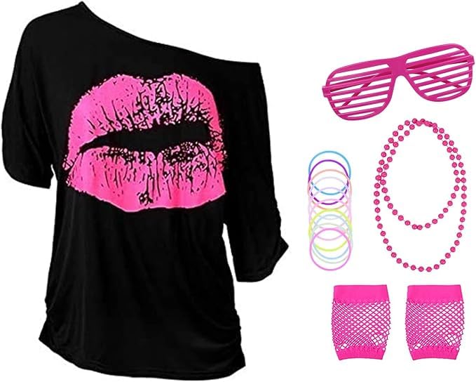 Aomig 80s Fancy Dress Costumes for Women Girls 1980s Retro Costume Accessories Set 5pcs Retro 1980S Neon Party Outfit Accessories Lips Print T-Shirt with Necklace Fishnet Gloves Neon Blind Glasses
