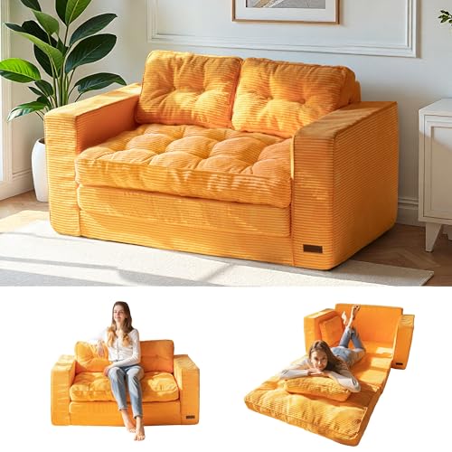 MAXYOYO Convertible Sofa Bed, Pull Out Loveseat Sleeper Sofa, 2 in 1 Folding Couch Bed, Fold Out Floor Couch with Pillows for Living Room Bedroom Lounge, Orange