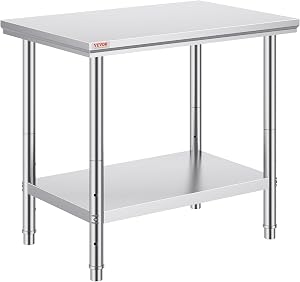 VEVOR Stainless Steel Work Table 900x600x800 mm Commercial Kitchen Prep & Work Table Heavy Duty Prep Worktable Metal Work Table with Adjustable Feet for Restaurant, Home and Hotel