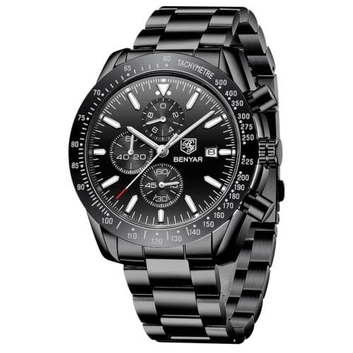BENYAR Relojes Hombre Cronografo Analógico Movimiento de Cuarzo Impermeable Luminoso Fecha Reloj Pulsera Hombre Banda de Acero Inoxidable Negocios Casual Diseñador Relojes Elegante Regalo para Hombre