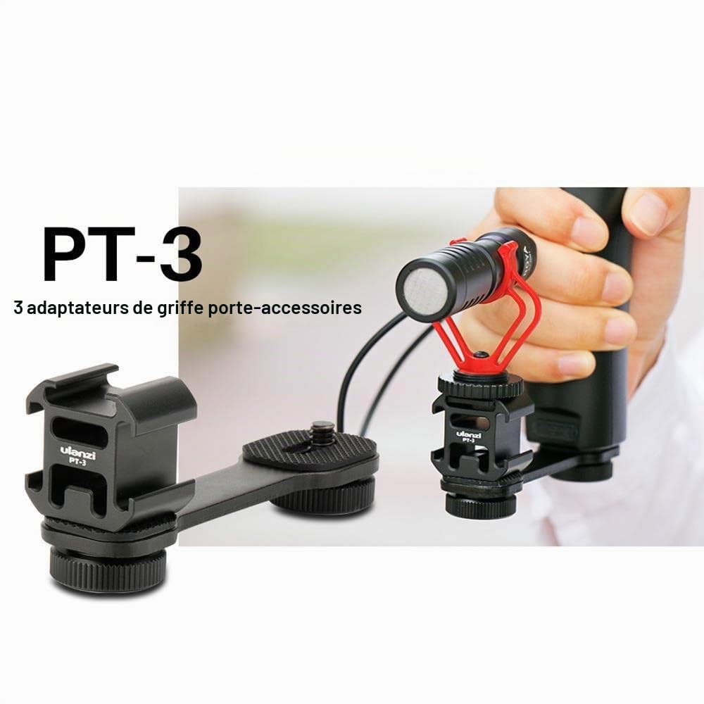 ULANZI PT-3 Triple Griffe Adaptateur en Aluminium pour cardan (DJI Osmo Mobile 2/3, Zhiyun, Feiyutech), Appareil Photo et Smartphone Vlog, Barre d'extension de Microphone vidéo, Noir