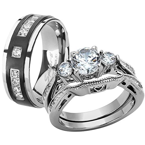 Marimor Jewelry Her and His Stainless Steel Wedding and Engagement Ring and Titanium Wedding Band Set