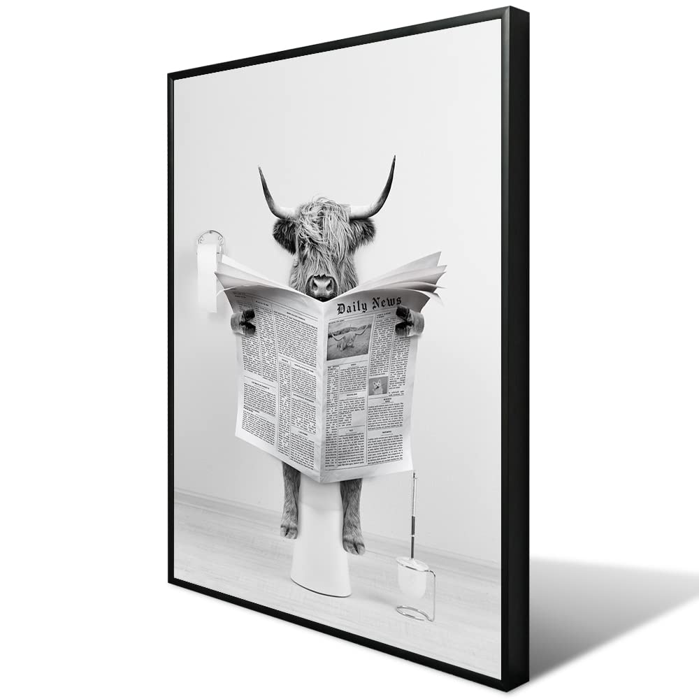 BixiaDecor Funny Highland Cow Canvas Wall Art Print Painting Cute Black and White Picture Animal Posters Rustic Farmhouse Style Decor for Kids Office Bathroom Restroom 12x16in Framed COW01 12 x 16 in