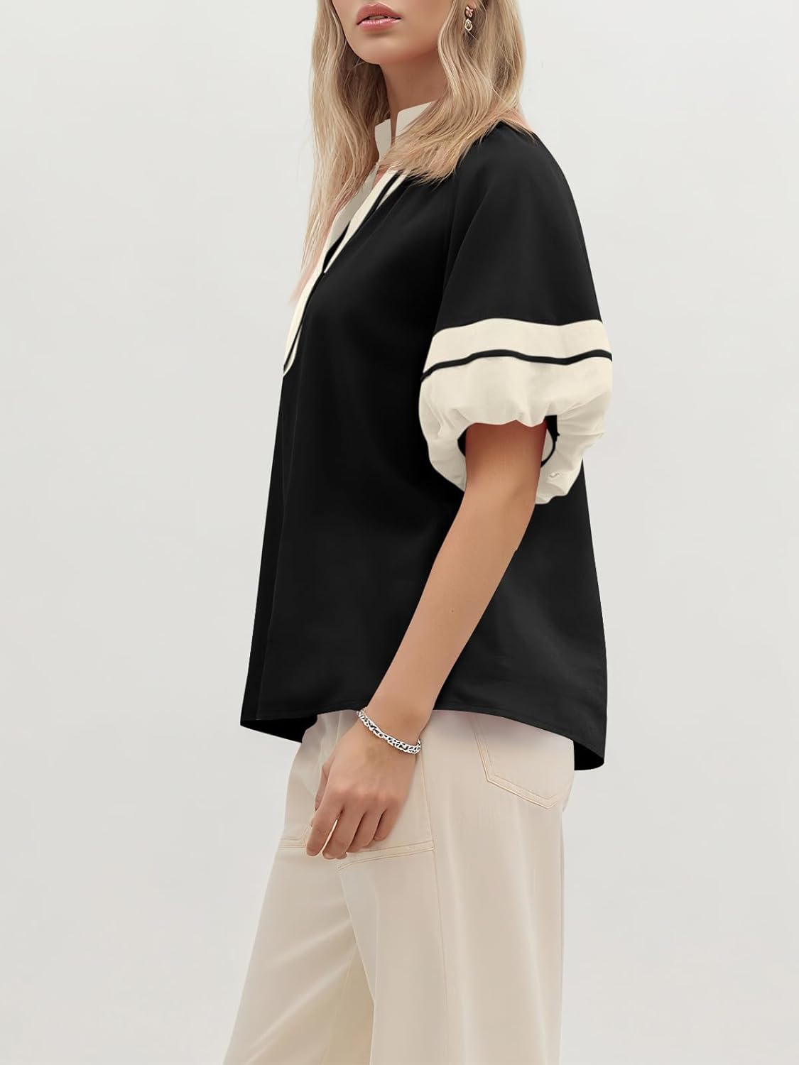 Cicy Bell Womens Color Block Puff Half Sleeve Tops Casual V Neck Blouse Loose Fit Side Split Shirts - Image 2