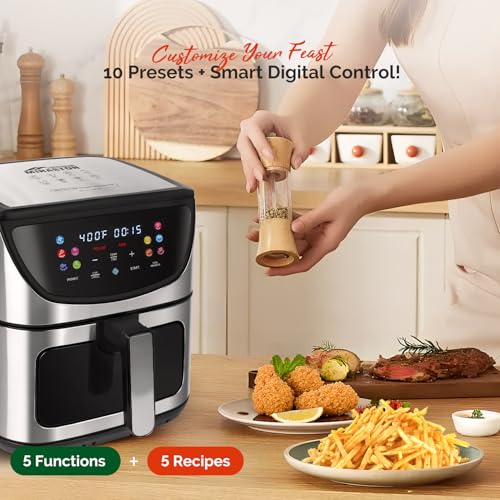 Image of 8.5QT Large Stainless Steel Air Fryer with Disposable Liners | 10-IN-1 VERSATILITY: 8.5QT XL Family Size Digital air fryer, stainless steel cooking surface ensures safe, Gift Box Included