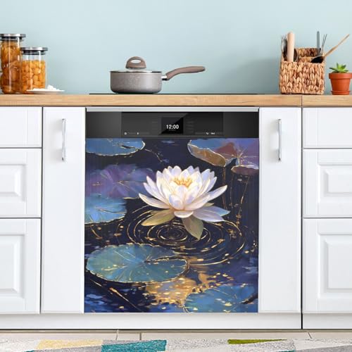 JIPONI Shimmering Water Lily Bloom Dishwasher Magnet Cover, Magnetic Dishwasher Sticker, Refrigerator Magnet Decal Panels, Kitchen Art Decor 23" x 26"