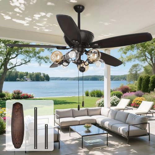 Oil Rubbed Bronze Ceiling Fans,52" Low Profile Ceiling Fan Lights with Pull Chain,5 Durable Wood Blades, for Living Room